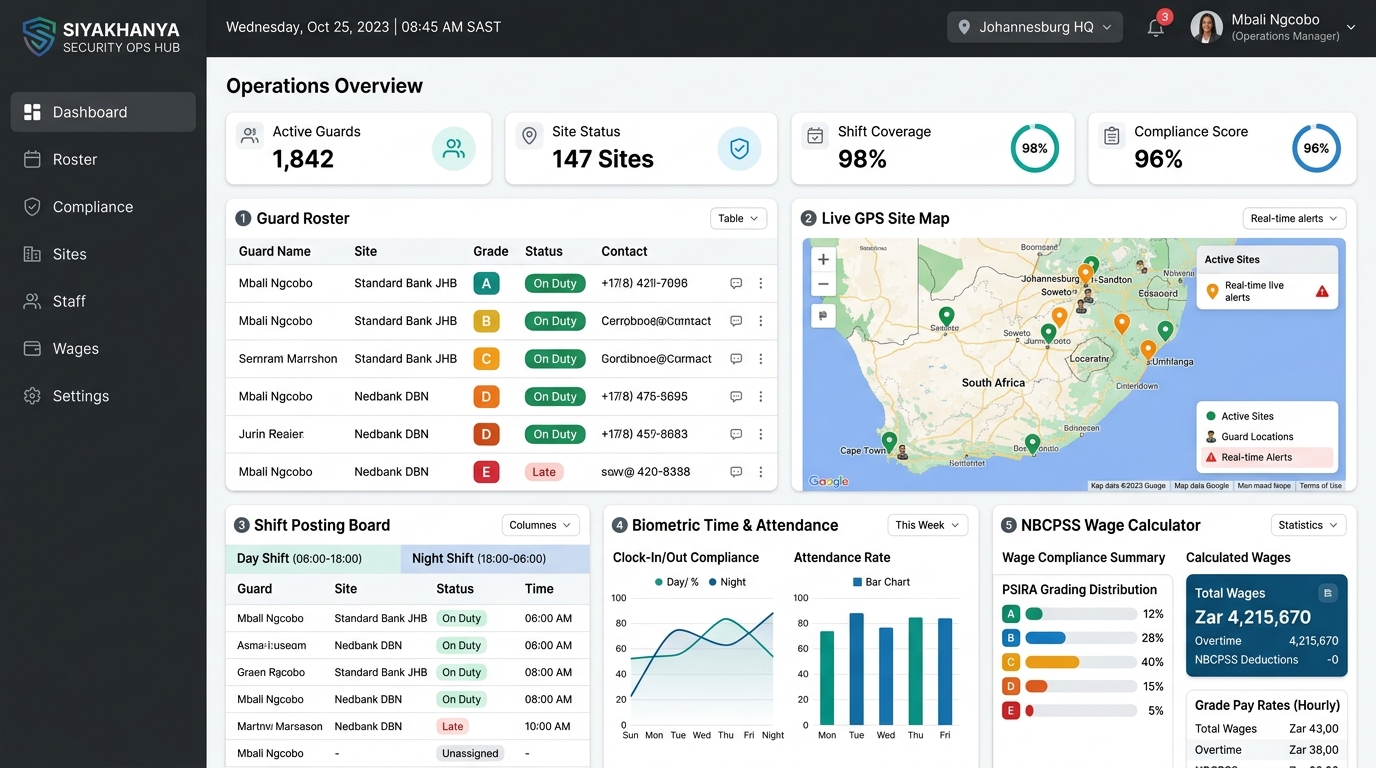 EasyTrac South African Security Company Dashboard showing PSIRA guard rosters, shift posting boards, GPS map, and NBCPSS wage tables